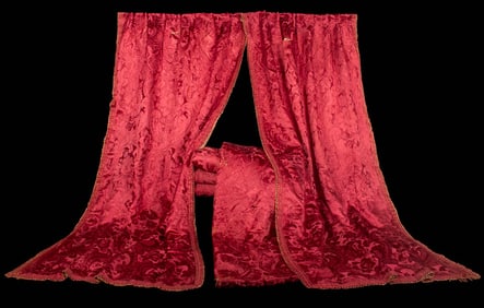 THREE PAIR OF PATTERNED RED SILK CURTAINS, USA, 1860s