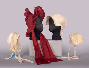 POKE BONNET c. 1817 & THREE OTHER BONNETS, 1820s & 1890s