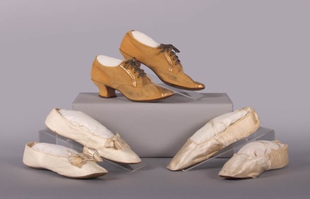 TWO PAIR STRAIGHTS, 1830-1840s & ONE PAIR SUEDE OXFORDS, 1910s