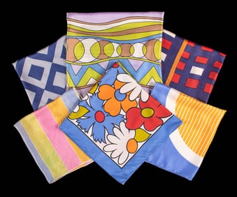 SIX SCHIAPARELLI SILK SCARVES, MID 20TH C