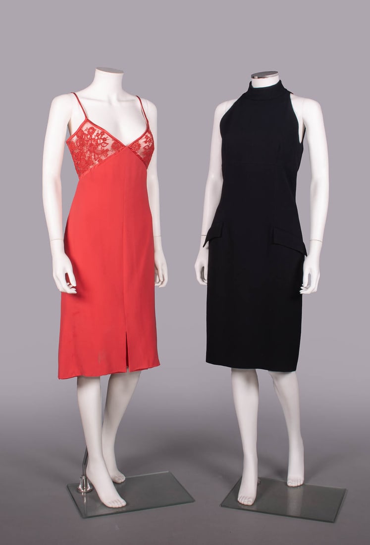 TWO VALENTINO PARTY DRESSES, ITALY, 1990-EARLY 2000s: 1 salmon silk crepe slip dress w/ guipure lace bra top & hem facing, satin spaghetti straps & bindings, cut-away back w/ CB zip closure, label "Valentino", B 34", W 28", L 41", (main label missing, li