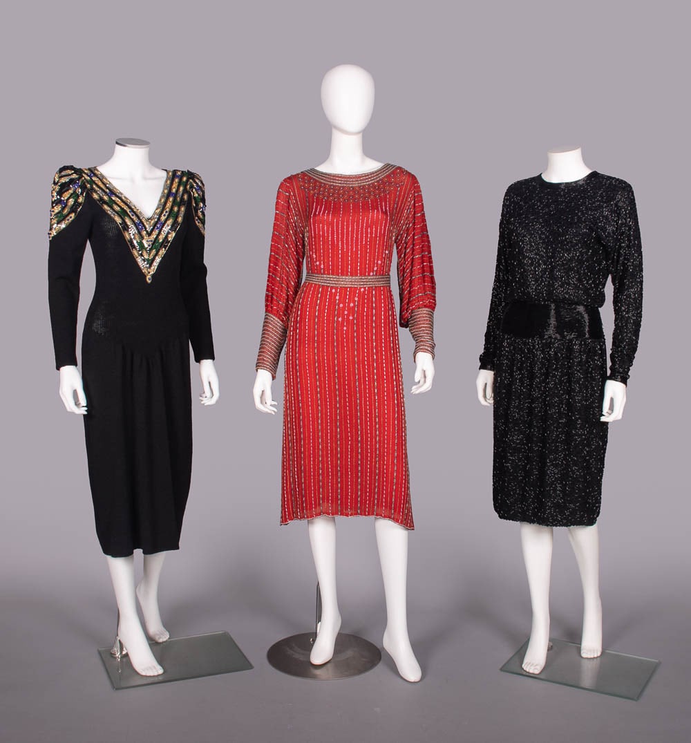 THREE BEADED OR EMBROIDERED PARTY DRESSES, USA, 1980s: 1 black knitted silk dress w/ embroidered yoke & SH in silver sequins, green, sapphire blue & pink bugle beads & gold Indian embroidery, label "Lillie Rubin", B 32"-34", W 24"-26", L 46", (light wear,