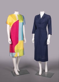 TEAL TRAINA & UNLABELED CLAIRE MCCARDELL DAY DRESSES, USA, 1950-1960s