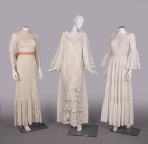 THREE WHITE LACE & CUTWORK GOWNS, 1970s
