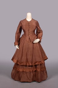 PATTERNED SILK DAY DRESS, c. 1870
