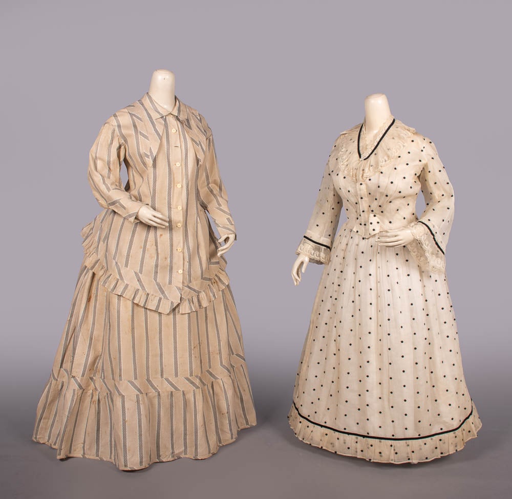 TWO PINA OR COTTON DAY DRESSES, early 1870s & c. 1904: 2-pc day dress of tan, black & white striped cotton w/ bone buttons, detachable collar & gored skirt w/ gathers at CB, early 1870s, bodice B 42", L 33", skirt W 34", L 40", (many tiny-1" spot stains t
