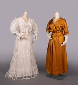 NET LINGERIE GOWN & SILK SATIN DAY DRESS, c. 1904 & c. 1914