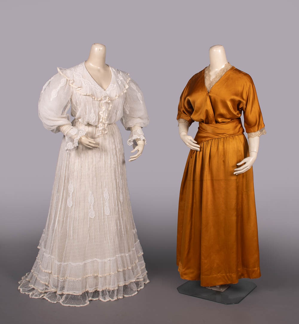 NET LINGERIE GOWN & SILK SATIN DAY DRESS, c. 1904 & c. 1914: 2-pc dotted net lingerie gown w/mm lace appliques, self SH flounce, integrated jabot & tiered skirt ruffles, c. 1904, bodice B 34", L 16", skirt W 25", L 42", (petticoat N/I, bodice W altered w/drawst