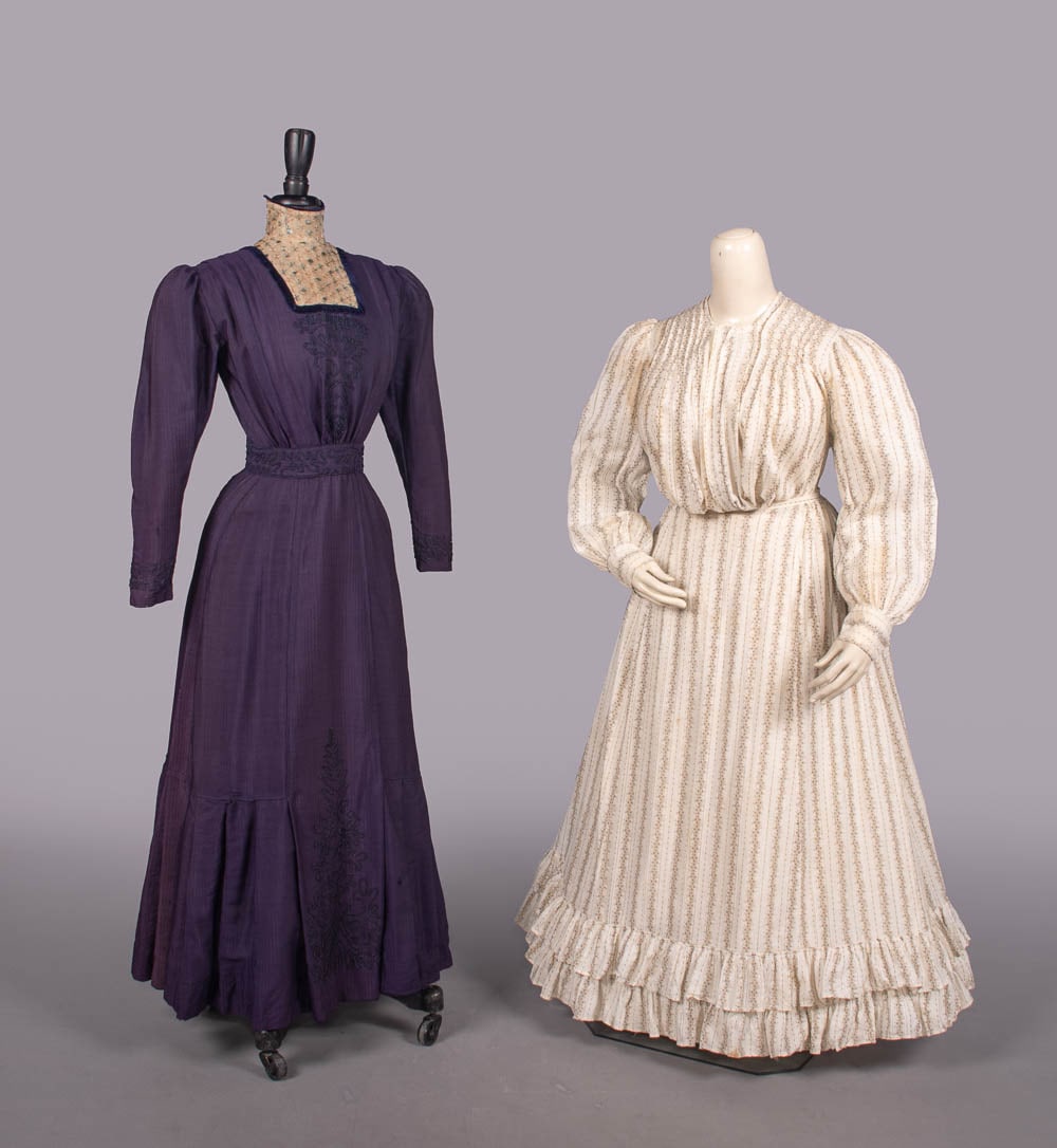 WOOL OR COTTON DAY DRESSES, c. 1906 & c. 1911: 1 purple wool & silk blend dress w/ embroidered tulle dickie & soutache applique below B, waistband, cuffs & CF skirt, c. 1911, B 36", W 23", L 50", (many tiny-0.5" holes & wear spots throughout, ligh