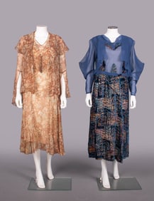 TWO PRINTED SILK AFTERNOON OR PARTY DRESSES, 1922-1930