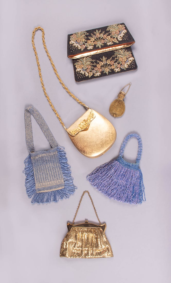 SIX METAL, BEADED OR EMBROIDERED BAGS, 1940-1960: 1 crocheted periwinkle blue beaded fringed bag, 4" x 7", (wear/discoloration, lining removed); 1 crocheted blue & purple beaded fringe bag, 5.5" x 6", (holes crochet); 1 black & gold foldover clutch h