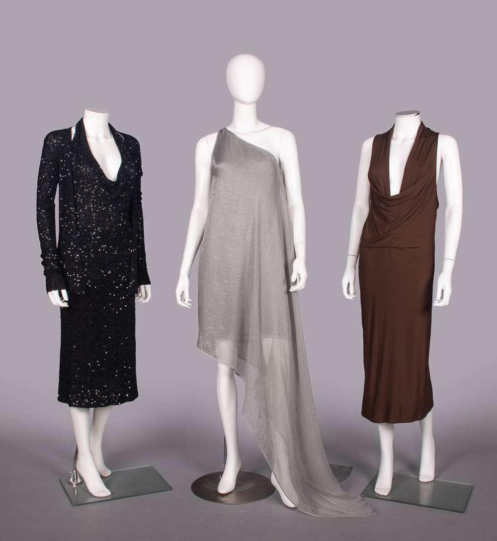 THREE DONNA KARAN EVENING DRESSES, NEW YORK, 1990s: 3-pc black cashmere & silk blend knit ensemble encrusted w/ sequins & beads c/o halter top, cardigan & skirt, label "Donna Karan New York", top B 30"-36", L 25", cardigan L 26", skirt W 26"-28", L 29"