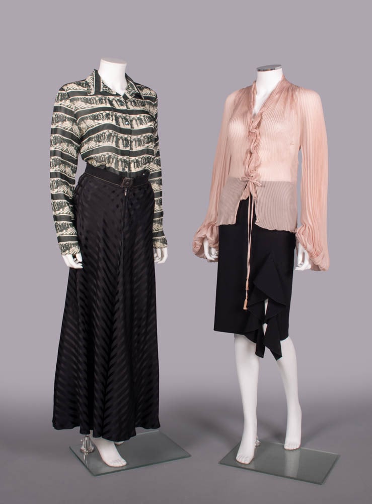 FOUR JEAN PAUL GAULTIER SEPARATES, FRANCE, 1990-EARLY 2000s: 1 green & white striped shadow figure motif blouse, label "Jean Paul Gaultier Maille", B 38", L 26", Excellent; 3 w/ label "Jean Paul Gaultier Femme": 1 blush pleated silk blouse w/ extra long bishop