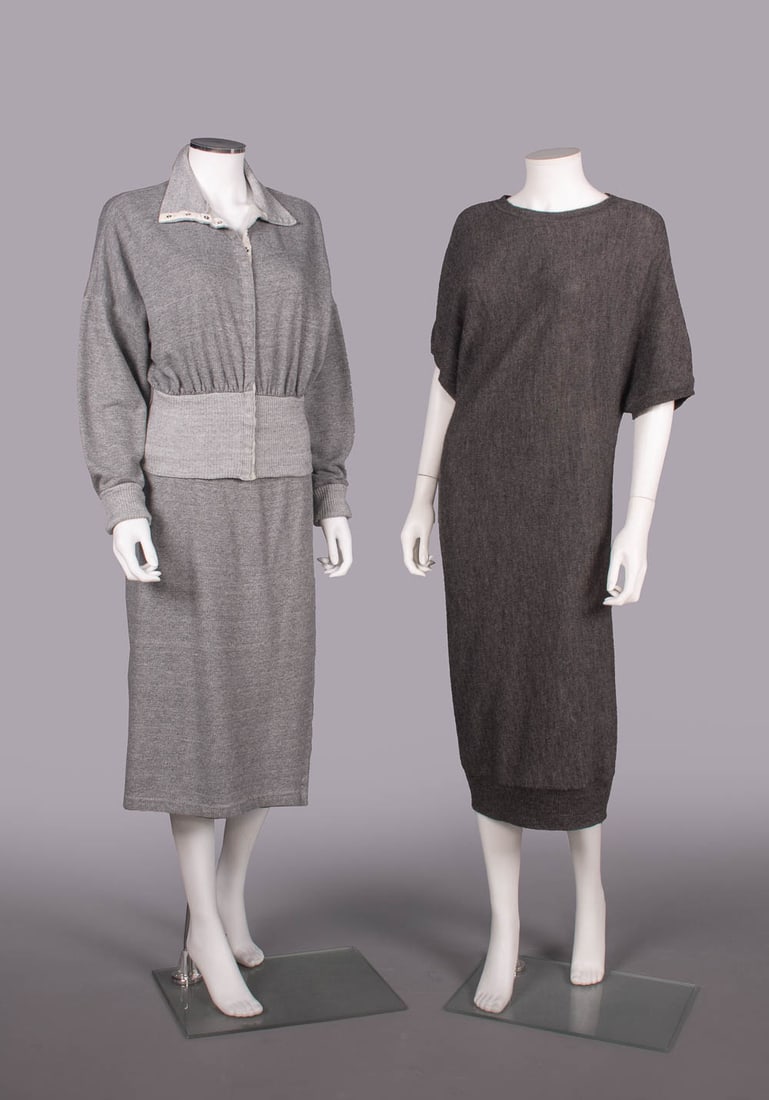 NORMA KAMALI & LANVIN KNIT DAY WEAR, USA & FRANCE, 1980s & 2012: 2-pc grey flannel backed cotton tricot set c/o sweater top w/ deep ribbed collar, cuff & W, faux wrap skirt w/ ribbed waist yoke & side snap closures, label "Norma Kamali", top B 40", L 22", skirt W 2