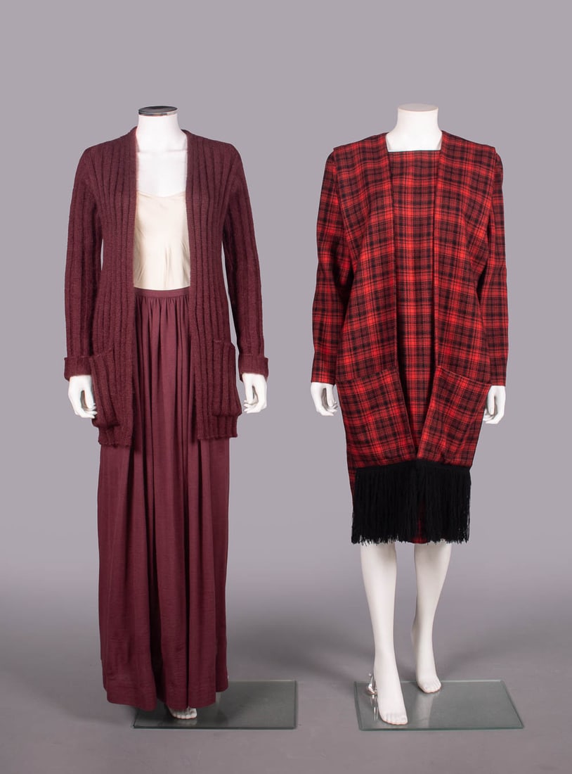 MISSONI & CARDIN WOOL KNIT ENSEMBLES, ITALY & FRANCE, 1970s: 2-pc maroon ensemble c/o merino knit cardigan & wool tricot skirt, label "Missoni, Maglia Knitwear Tricot", cardigan B to 38", L 32", skirt W 24"-27", L 42", (cami N/I, light wear, some light pilling
