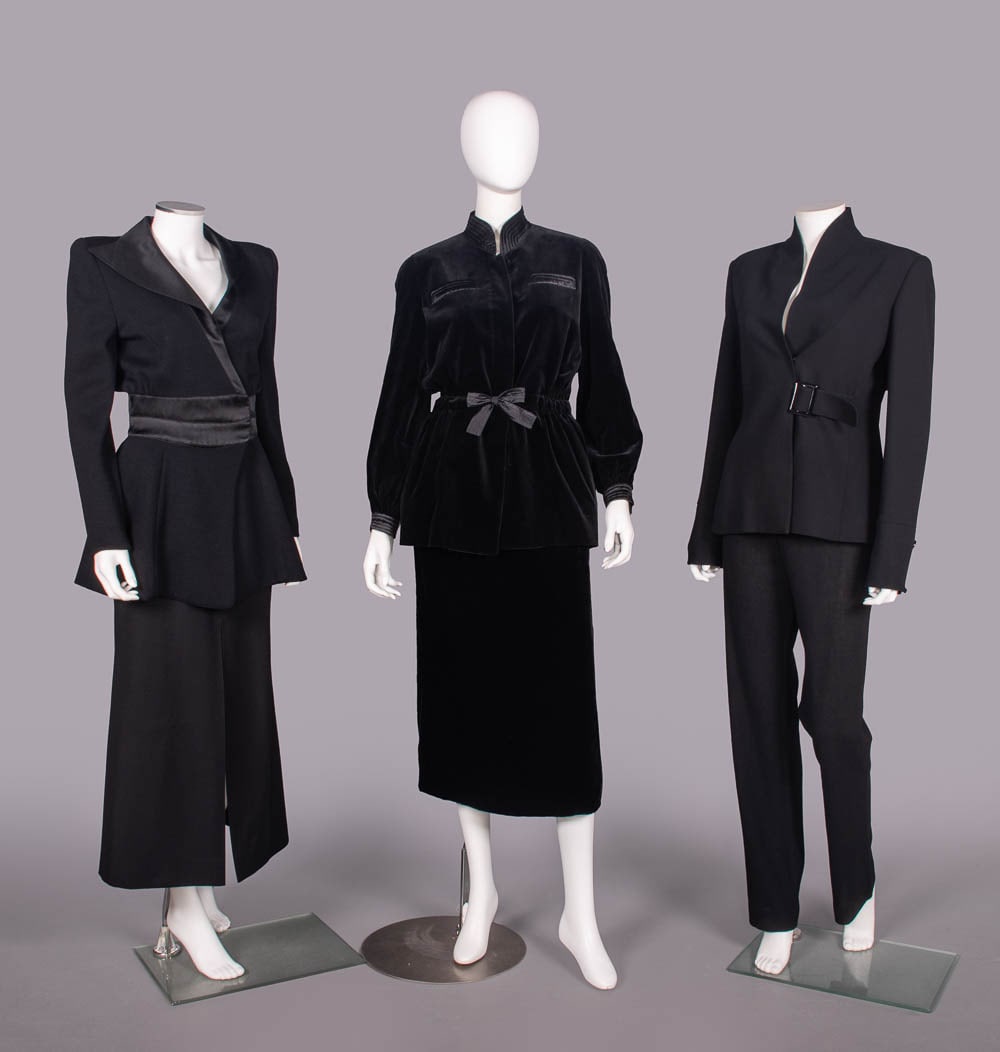 THREE VALENTINO & CLAUDE MONTANA LADIES SUITS, ITALY & FRANCE, 1990-2000s: 2-pc black wool skirt suit w/ broad asymmetrical silk lapels, CF opening & inset W, label "Claude Montana", jacket B 36", L 30", skirt W 26", L 38", (few tiny snacks & pulls, 0.5" x 0.5" repair lower