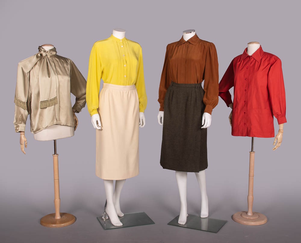 SIX YSL SILK OR WOOL SEPARATES, PARIS, 1970-1990s: All w/ label "(Yves) Saint Laurent Rive Gauche" or "Yves Saint Laurent Variation": 1 celadon silk satin blouse w/ attached scarf, B 38", L 254", (tiny stains & pulls, minor discoloration FR hem); 1 ca