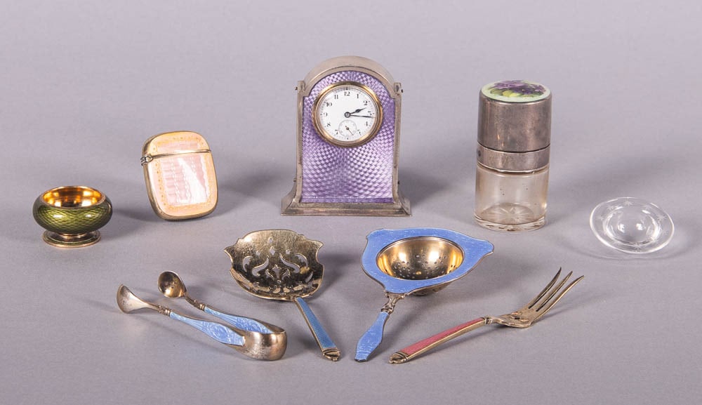 COLLECTION OF ENAMELED BOUDOIR & TABLE ACCESSORIES, ENGLAND, 1890-20TH C: Collection of English sterling silver enameled boudoir or table accessories stamped "Sterling" & w/various hallmarks: 1 green salt dish w/glass insert, 1.5"x0.875", (scuffs/scratches); 1 gold plate st