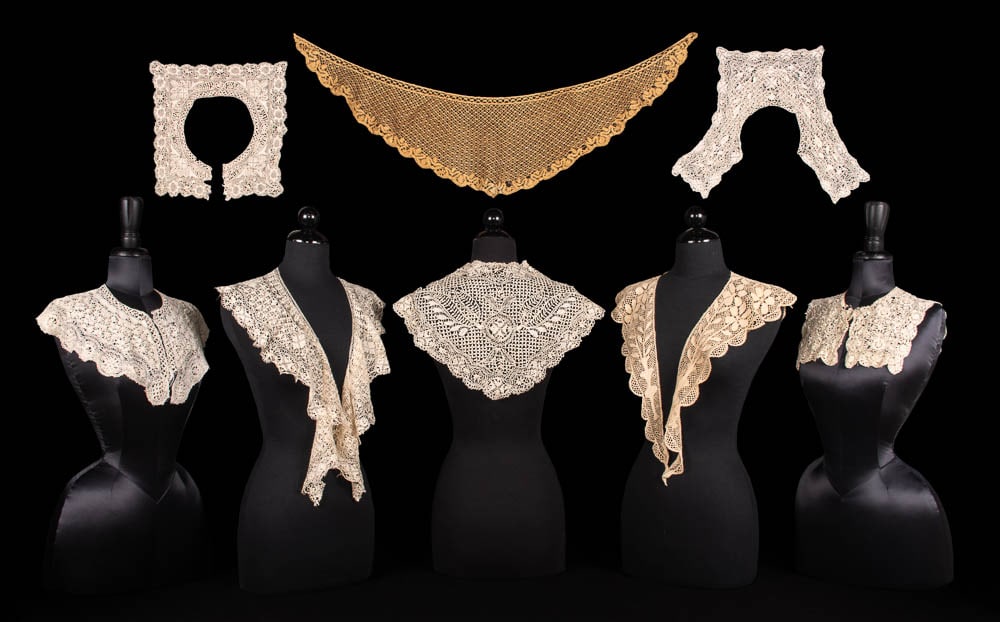 EIGHT SILK MALTESE LACE ACCESSORIES, 1880-1910: 8 pieces, all silk Maltese lace accessories or dress elements including collars & shawls, 5"-12" x 25"-50.5", (minor-moderate discoloration, all w/ few pulls or broken brides, tiny-2" holes, some w/ l