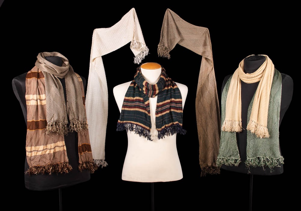 SEVEN SILK MENS SCARVES, SAXONY, c. 1930: 7 silk mens' knit scarves, made in Saxony, range 8.5"-11" x 55.5"-60.5", (most w/ light wear/minor pulls, few w/ tiny-2" stains, few holes to 0.25", some fringe messy, 1 scarf discolored) all very goo