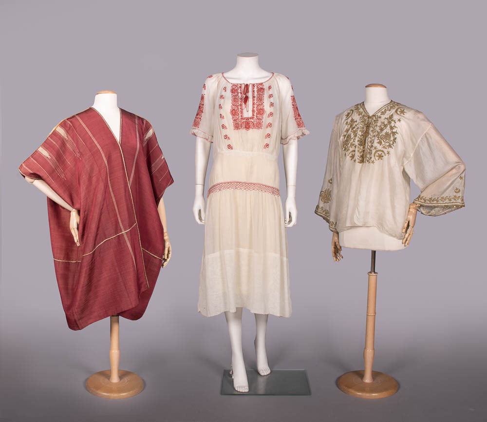 SILK ABA, COTTON DRESS & SILK BLOUSE, SYRIA, MEXICO & TURKEY, 1900-1950s: 1 burgundy & cream ribbed silk Aba w/ metallic braided edging & trim, Syria, early 20th C, Wd 45", L 38", (wear & discoloration, tarnish to trim, pulls, tiny-0.25" stains); 1 white cotton gauze dress