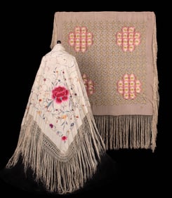 TWO HAND OR MACHINE EMBROIDERED CANTON SHAWLS, 1920s & 1940s