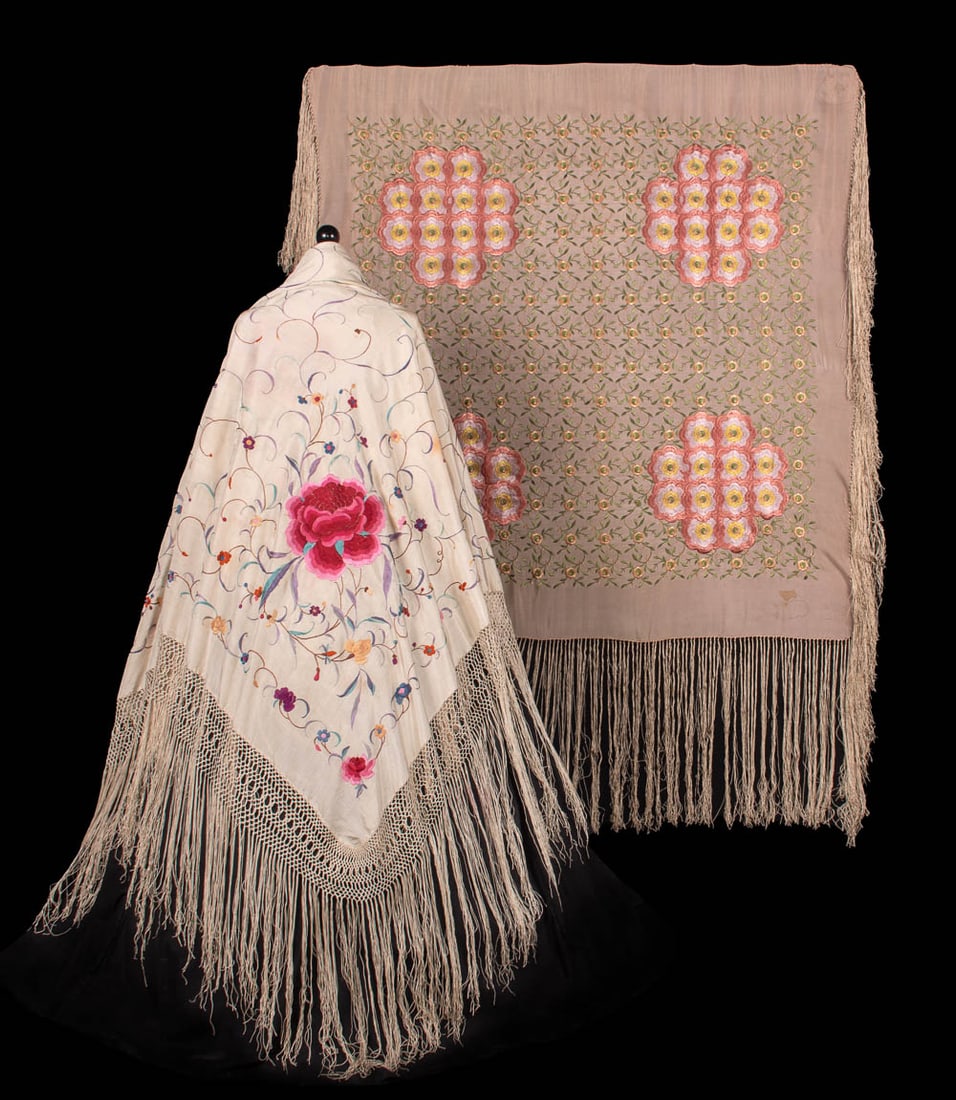 TWO HAND OR MACHINE EMBROIDERED CANTON SHAWLS, 1920s & 1940s: 1 hand embroidered multicolor scrolling floral & large peony corner motifs, knotted & fringed, 1920s, 62" x 62" w/ 18" fringe, (light discoloration & color bleed, sm pulls in embroidery, few pulls up
