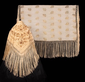 ONE HAND EMBROIDERED & ONE BROCADED SHAWL, 1930-1940s