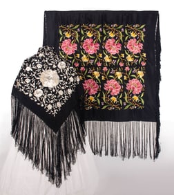 TWO EMBROIDERED CANTON SHAWLS, 1930s