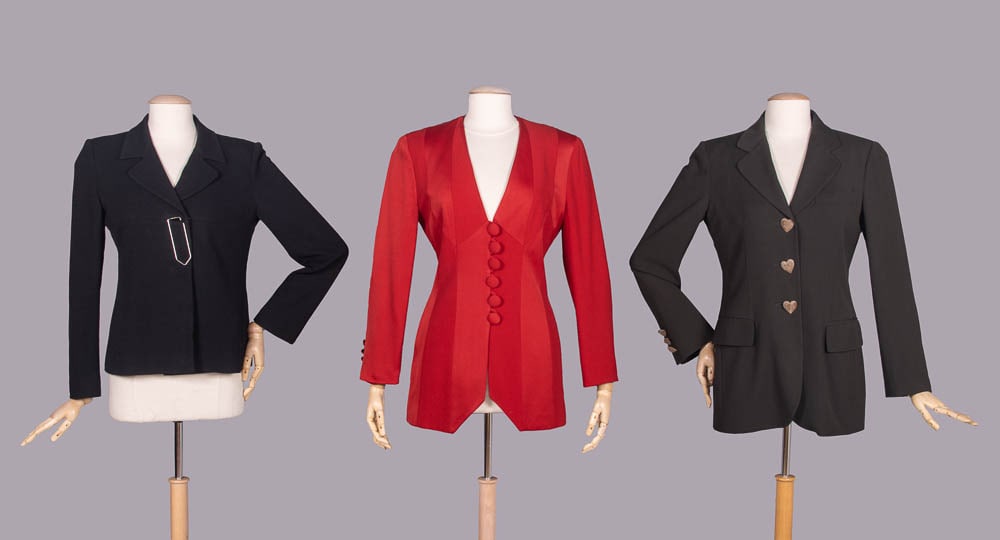 THREE CHEAP & CHIC MOSCHINO BLAZERS, ITALY, 1990s: All w/ label "Cheap & Chic by Moschino": 1 black wool bland crepe blazer w/ oversized paperclip to CF buttonhole over concealed button & hook closures, B 36", L 24", (light wear, minor discoloration c