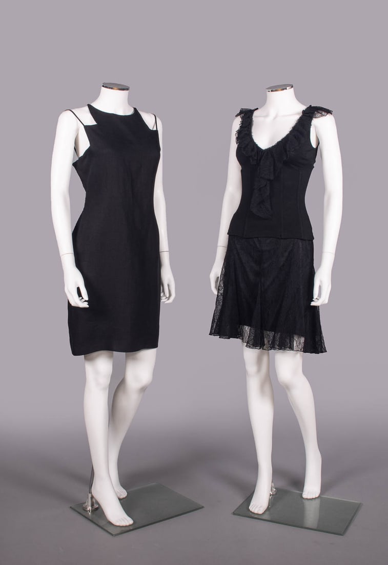BILL BLASS & DOLCE & GABBANA DRESSES, USA & ITALY, 1970s & 2000s: 1 black linen mini dress w/ square halter neck & spaghetti straps into V back, 1970s, label "Bill Blass", B 36", W 30", CFL 33", (minor wear, missing hook CB) excellent; 2-pc ensemble c/o boned wool b
