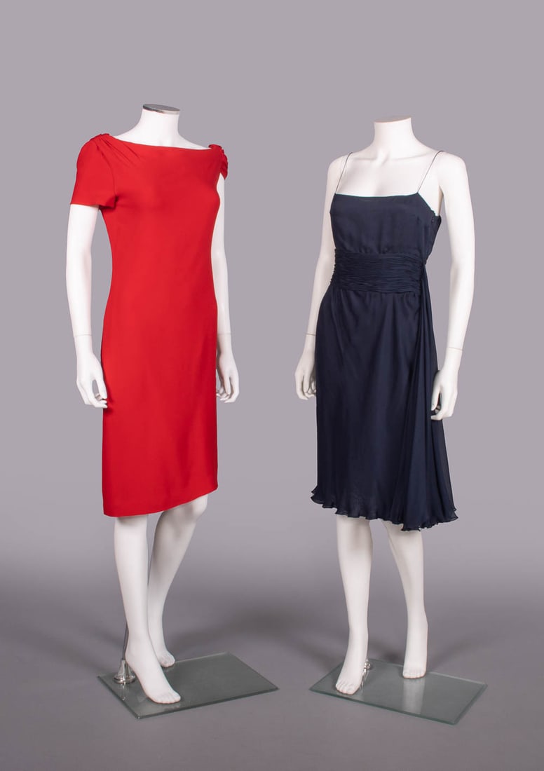 TWO VALENTINO SILK PARTY DRESSES, ITALY, 2000s: 1 scarlet silk crepe dress w/ asymmetrical short sleeve caps & bateau neckline w/ back drape, silk satin lining, label "Valentino", B 36", W 30", L 40", (light wear, few tiny stains & pulls) Very good