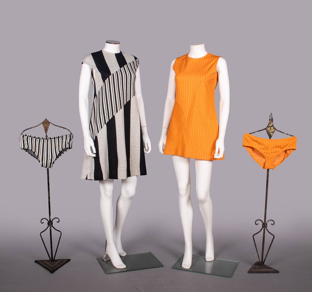 TWO RUDI GERNREICH MINI DRESSES WITH MATCHING BRIEFS, USA, 1972: 2-pc B&W cotton blend striped A-line dress w/ matching bikini brief, label “Rudi Gernreich for Harmon Knitwear”, dress B 34”, L 36”, briefs W 28”, rise 8”, (underarm di
