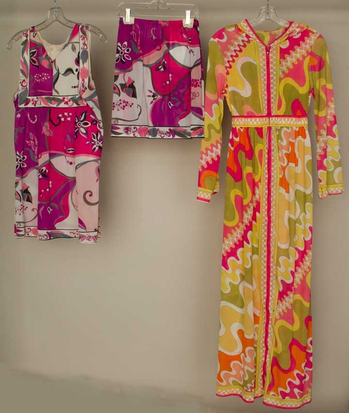 THREE PIECES PUCCI LINGERIE, 1960-1970s: All labeled "Emilio Pucci for Formfit Rogers" & fabric signed "EPFR": 1 hooded negligee, orange, tan & pink print on white (2" mend, zipper wavy), fair; 2 pieces w/ identical print in shades of pink w