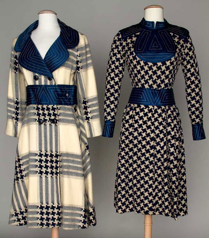 RONALD AMEY DRESS & COAT SET, 1960s: White & royal blue wool plaid, blue channel quilted accents, B 34", W 28", Dress L 40", Coat L 43", excellent. Diane Gross Collection