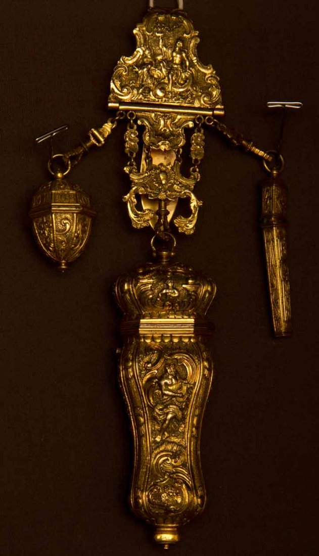 GOLD SEWING CHATELAINE, EUROPE, LATE 19TH C: Medallion w/ repousee of Neptune, 3 sewing-related drops consisting of 1 thimble case, 1 needle case, 1 large case w/ sewing implements & tiny tools, excellent.