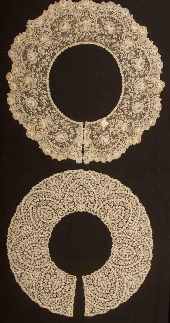 TWO HANDMADE LACE BERTHAS, 19TH C: 1 Point de Gaz needle lace, scrolling floral toile; 1 Rosaline lace, repeating palmate forms & stylized fleur de lis, excellent.