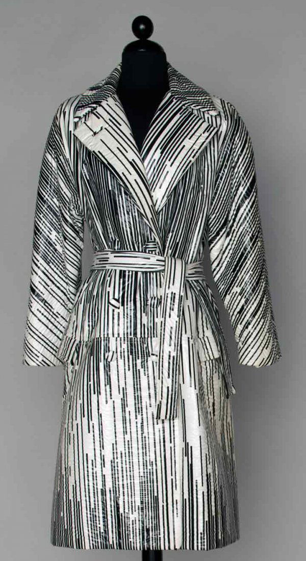 LILLI ANN VINYL COAT, 1960s: White vinyl coat printed w/ irregular black vertical stripes, L 42", excellent.