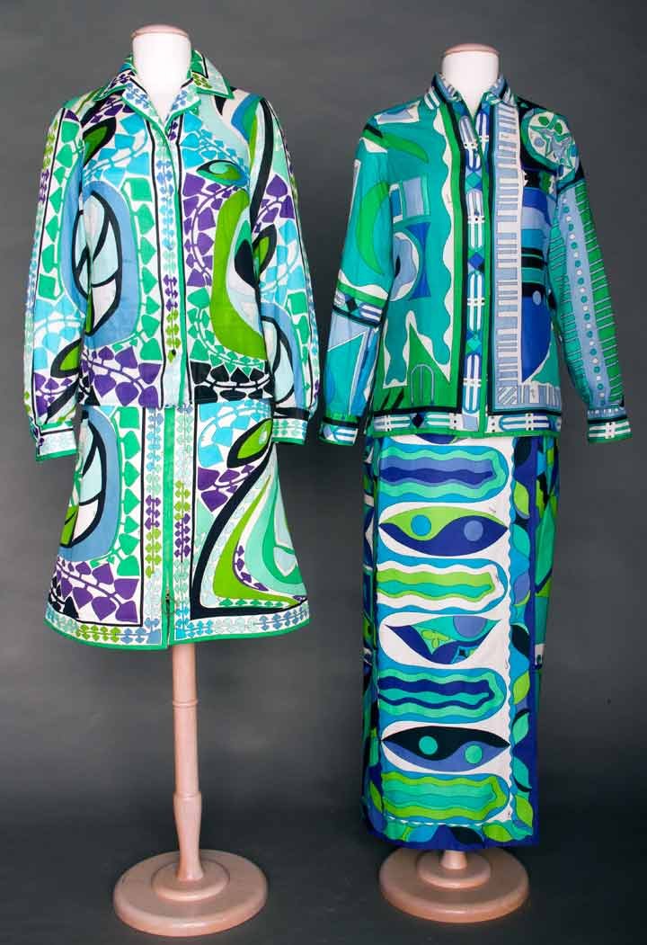 TWO PUCCI RESORT OUTFITS, 1960s: Both cotton shirts & skirts, different prints in shades of blue & green, label "Emilio Pucci Florence Italy": 1 w/ long sarong-style skirt, B 34", Low W 31", Skirt L 34.5", (armscye altered) shirt fai