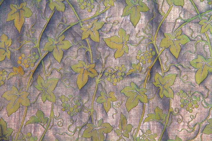FORTUNY STENCILED FABRIC SAMPLE, c. 1930: Edera pattern of pale green berries & leaves on stenciled silver ground, original store ticket w/ cleaning instructions, 4 attached color ways, Edera pattern not in production since 1930s, 50" x 58", 