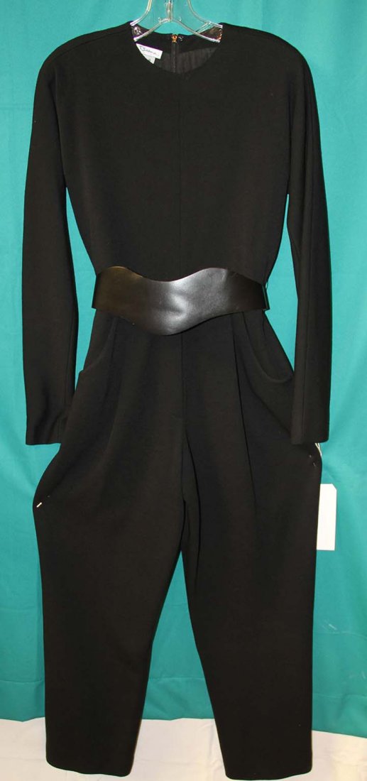 THREE GEOFFREY BEENE GARMENTS, 1980-1990s: 1 labeled "Mr. Beene" black wool jersey jumpsuit, long sleeves, black leather belt in wave shape; 2 dresses labeled "Geoffrey Beene": 1 ecru cotton; 1 light blue jersey knit; excellent.