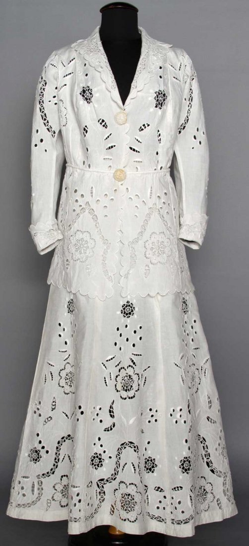 EDWARDIAN LINEN WALKING SUIT: White jacket & long skirt w/ cut-work, embroidery & needle lace embellishments, corded waistline on jacket, long sleeves, 2 self covered buttons, B 38", W 28", L 37", (both buttons discolored) very go