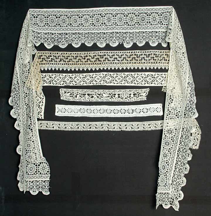 SIX RETICELLA NEEDLE LACE FRAGMENTS, 17TH C: All linen & from Bellaire lace collection, sold 11/6/80 at Phillips London: 1 border w/ pinwheels edged in bobbin lace, 9.5" x 102"; 1 edging in 2 pieces w/ picots, 4.5" x 50" & 4.5" x 37"; 1 insertio
