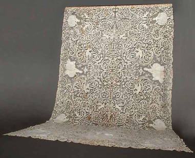 NEEDLE LACE BANQUET CLOTH, ITALY, c. 1900: Hand done Venetian lace, floral designs, scrolling ground interspersed w/ putti, large 18th C. figural cartouches worked in finer needle lace, 85" x 172", (many scattered brown stains, no breaks in la