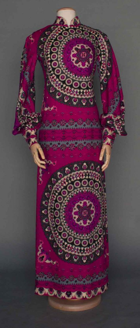 PUCCI PRINTED SILK GOWN, 1970s: Silk jersey w/ mandala print in shades of pink & gray, floor length, mandarin collar, balloon sleeves w/ deep cuffs, unlabeld, print signed "Emilio", B 34", H 36", L 56", (neckband lightly discolored)