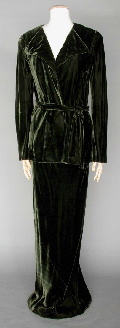 HALSTON EVENING OUTFIT, c. 1980: Bottle green velvet tie-front jacket & long skirt, white on black label "Halston", B 34"-36", W 27", Skirt L 45", excellent.