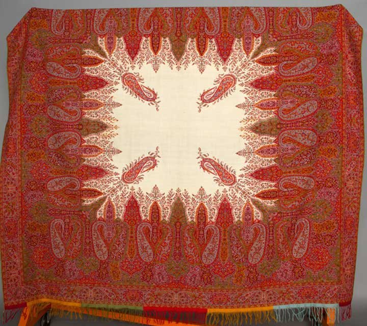 WOVEN WOOL PAISLEY SHAWL, 1850-1870s: Machine woven twill, large white center, upright botehs in blue, green, red & orange, 74" x 74", (few small weak spots) excellent.