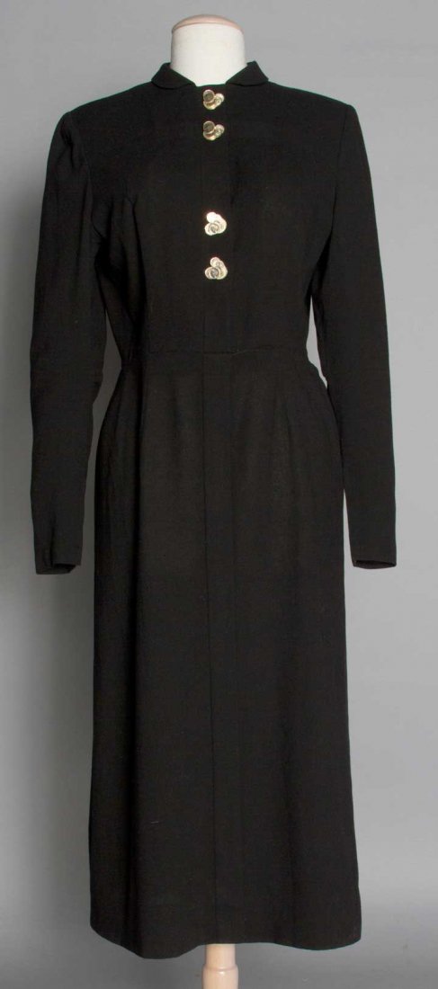 ADRIAN WOOL DAY DRESS, 1940s: Black jersey knit, 4 gold coin buttons, straight skirt, labeled "Adrian Original", B 38", W 31", L 49"; t/w 1 1960s Christian Dior lipstick red wool cocktail dress & matching jacket, black glass butto