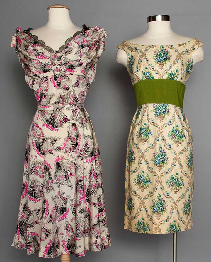 TWO PRINTED AFTERNOON DRESSES, 1940-1950s: 1 beige linen "Jeunnes Filles by Jacques Heim" w/ blue & purple floral print in brown ribbon lattice, (tan stains); 1 1940s white silk w/ hot pink & black stylized butterfly print dress & belt, black 