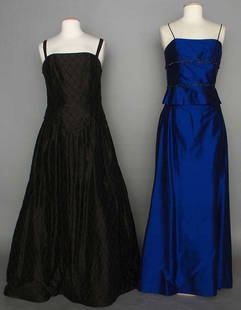 TWO DESIGNER SILK BALLGOWNS, LATE 20TH C: Both w/ matching stoles: 1 Pilar Rossi sapphire blue skirt & bodice w/ carnival glass trim; 1 Tina Di Martina beaded black lattice, marked "Size 10", attached crinoline; excellent. Both gowns w/ origi